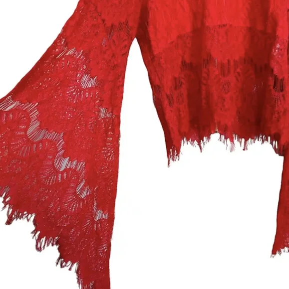 MinkPink Drama Queen Burgundy Lace Zip Back Bell Sleeve Top size M - Picture 6 of 11